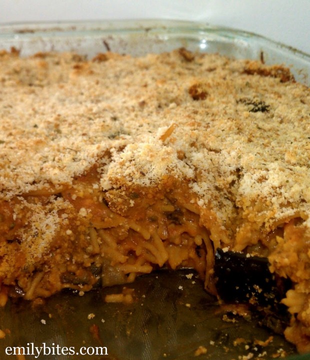 Spicy Sausage and Eggplant Spaghetti Bake