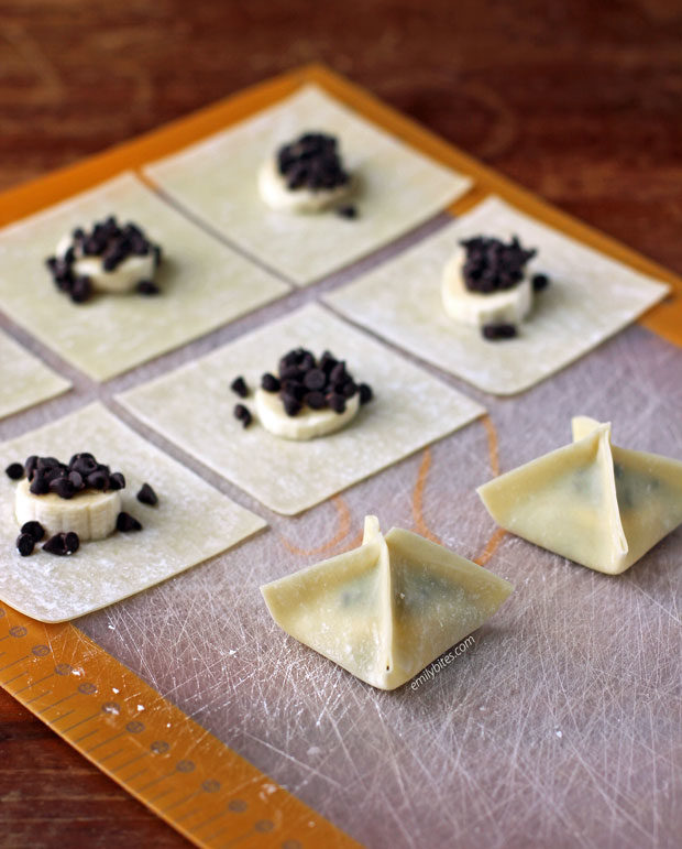 Banana Chocolate Wonton Bites prep stage