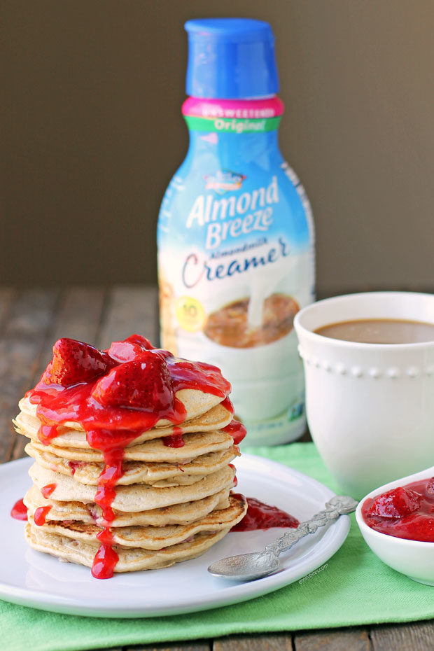 Strawberry Almond Cream Pancakes with coffee