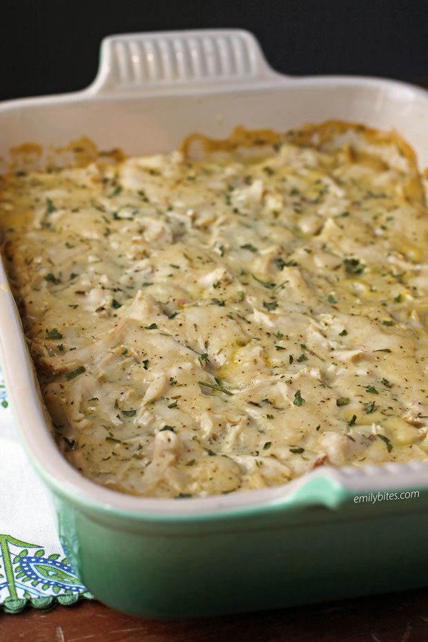 Chicken and Dumplings Casserole in a green dish