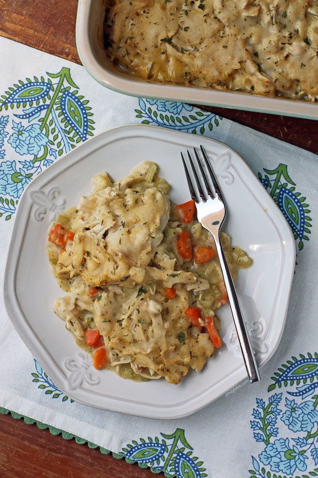 Chicken and Dumplings Casserole overhead view