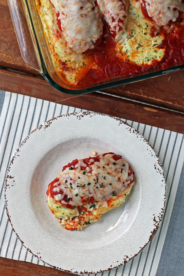 Ricotta Stuffed Chicken Bake overhead on a plate