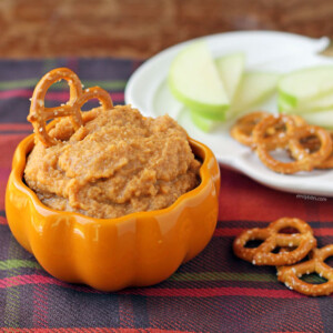 Pumpkin Spice Hummus with pretzels and apples
