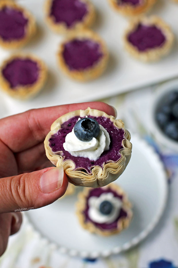 Blueberry Cheesecake Mini Tarts in hand