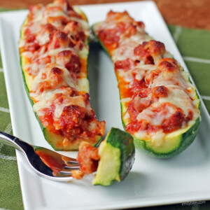 A serving of Italian Sausage Stuffed Zucchini