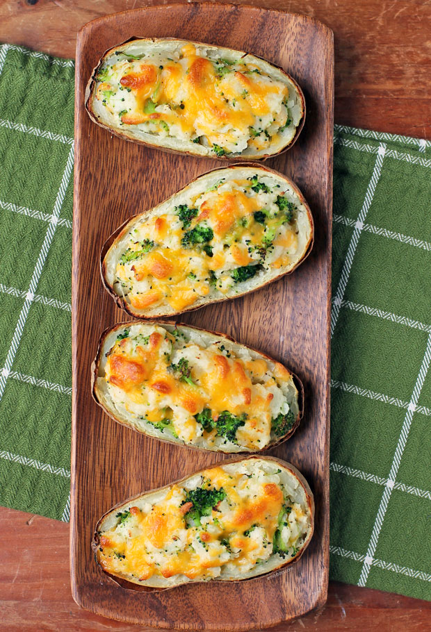 Broccoli Cheddar Twice Baked Potatoes on a serving tray