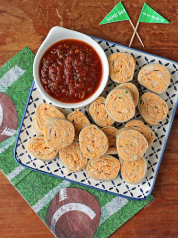 Chicken Taco Tortilla Pinwheels served with salsa