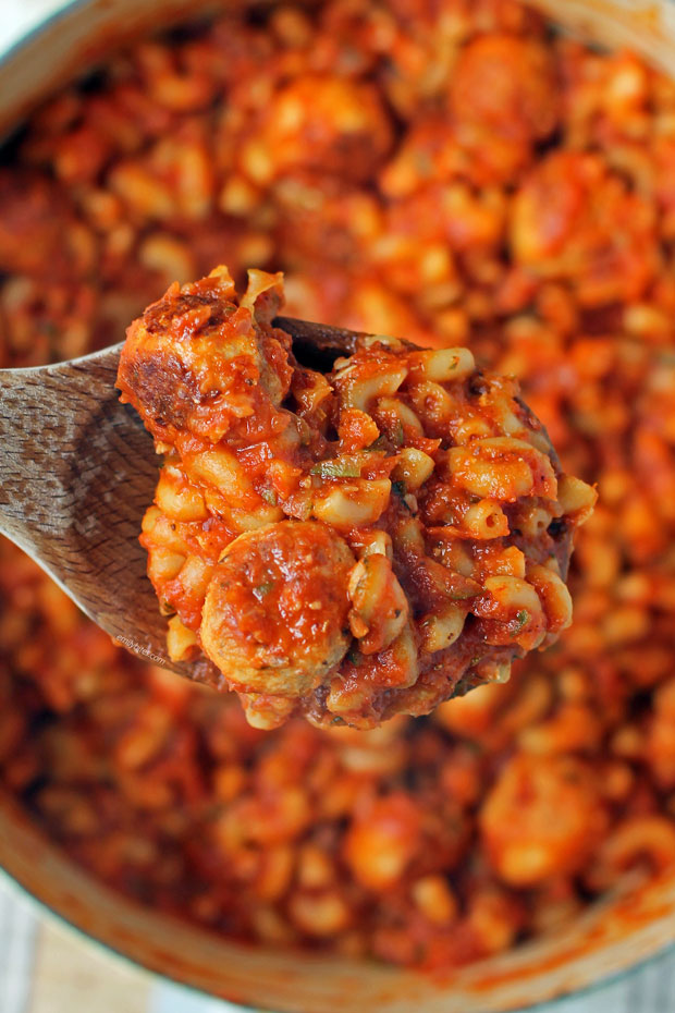 a spoonful of One-Pot Meatballs and Macaroni