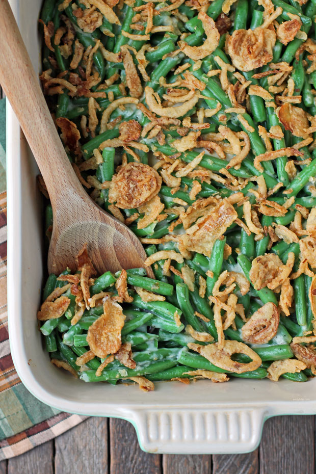 Fresh Green Bean Casserole with spoon