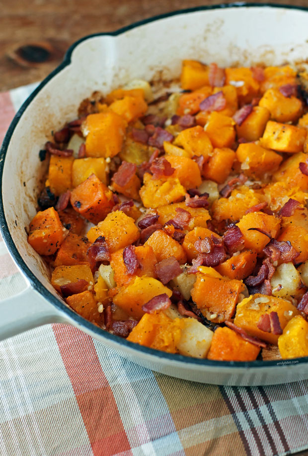 Bacon Butternut Squash Hash close up in pan