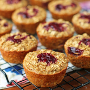 Peanut Butter and Berry Baked Oatmeal Singles on a cooling rack