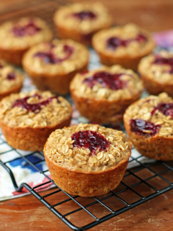 Peanut Butter and Berry Baked Oatmeal Singles on a cooling rack