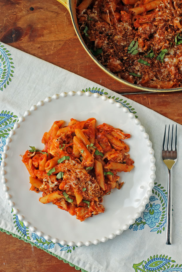 Chicken Parmesan Pasta plated overhead