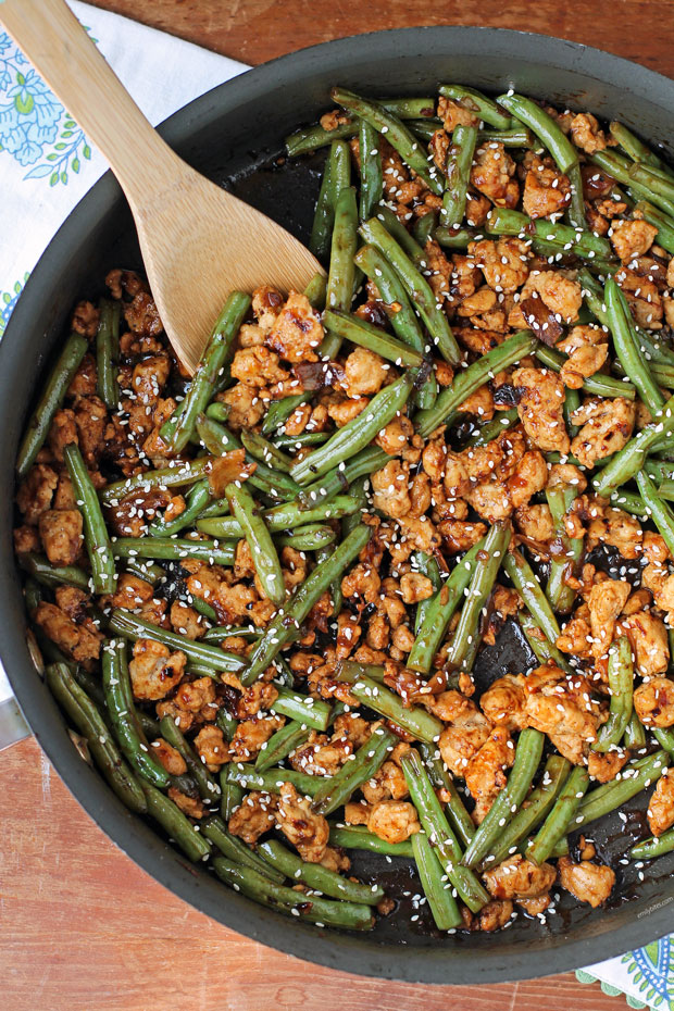 Garlic Green Bean and Turkey Stir Fry stirred in pan