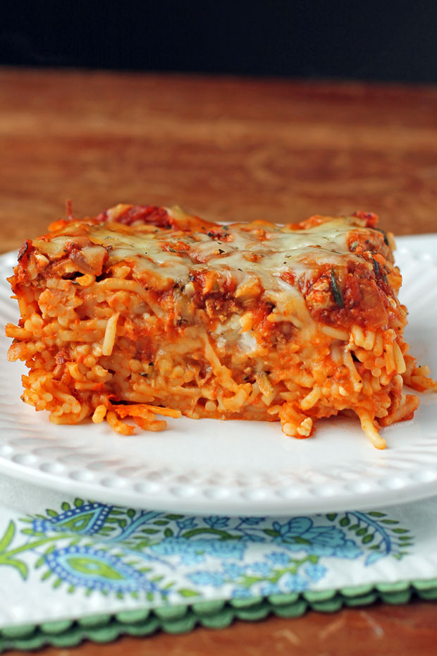 Loaded Spaghetti Bake piece on a plate