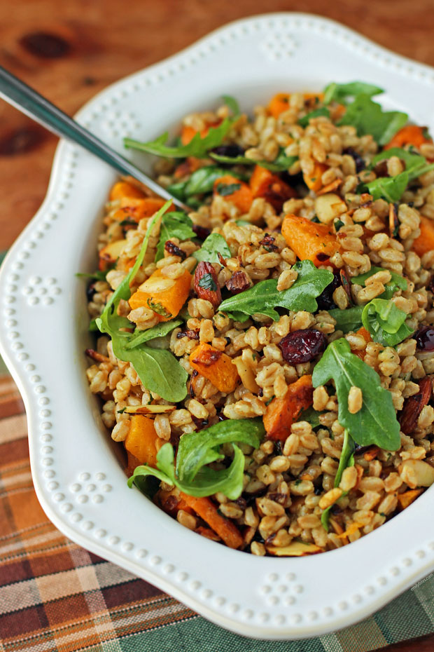 Warm Butternut Squash Farro Salad in a bowl