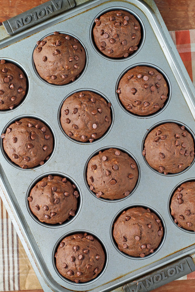 Double Chocolate Banana Muffins in the muffin tin