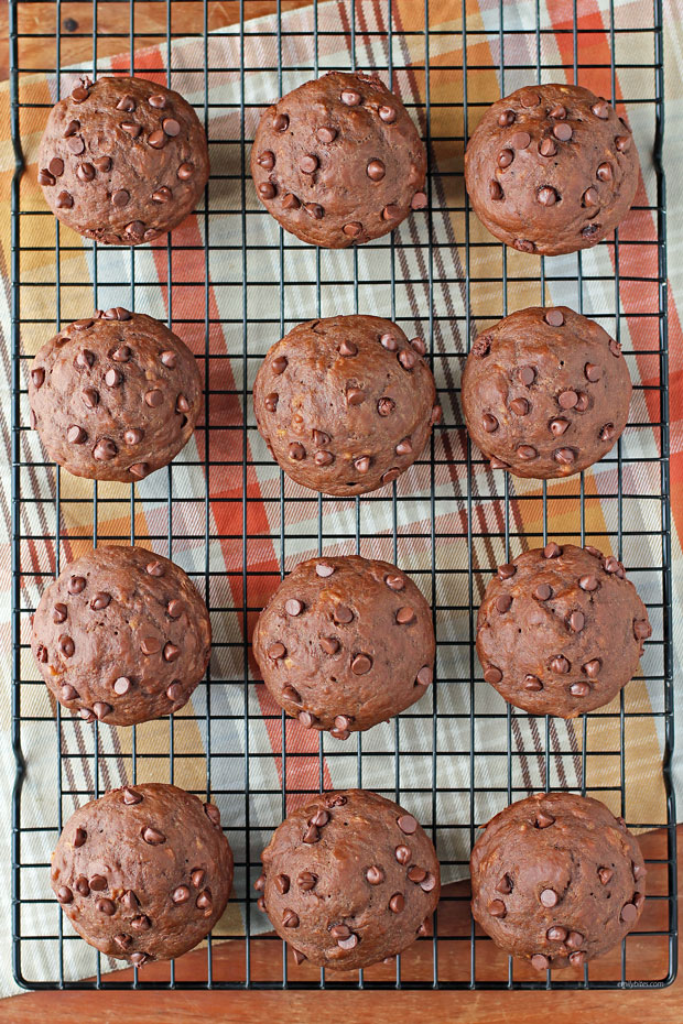Double Chocolate Banana Muffins cooling rack overhead