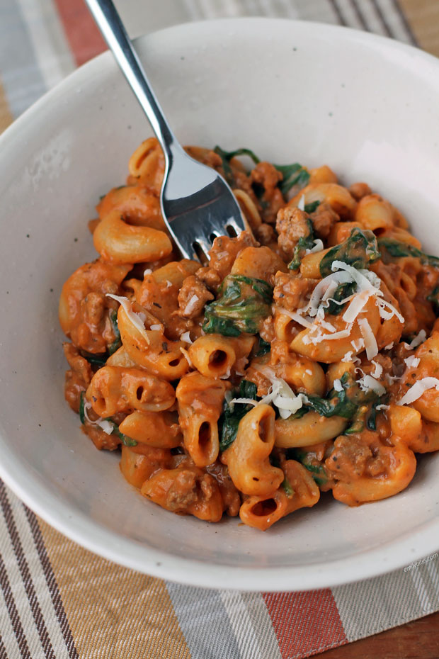 One-Pot Beefy Creamy Tomato Pasta in a bowl