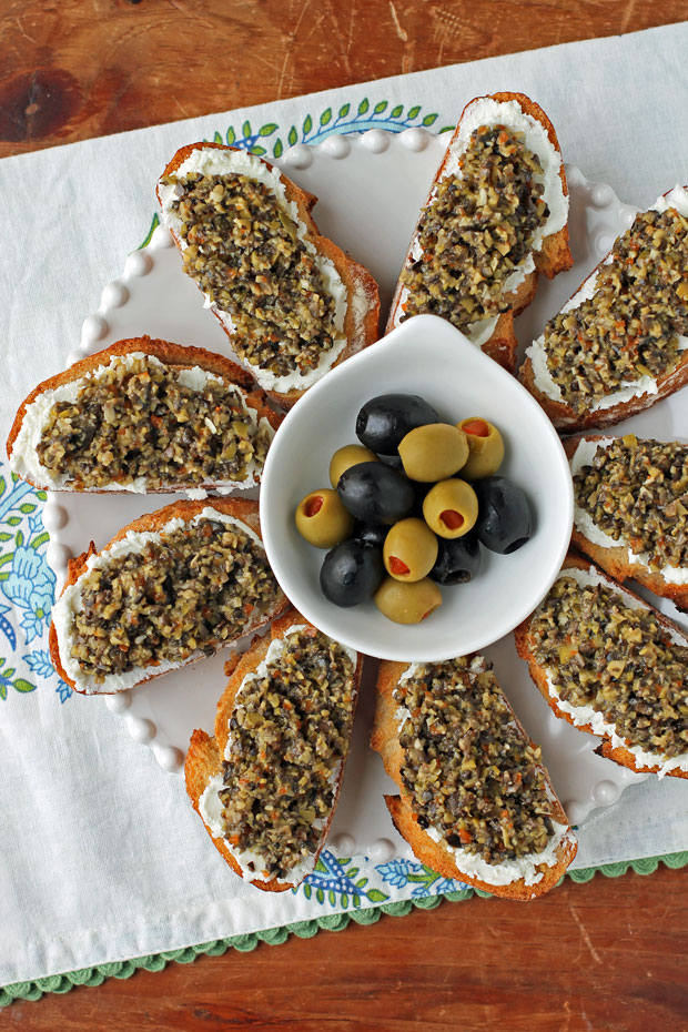 Olive Tapenade Goat Cheese Crostini overhead close up
