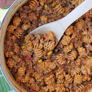 One-Pot Taco Pasta stirred with a spoon