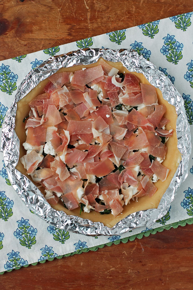Goat Cheese Prosciutto Quiche filling in the crust