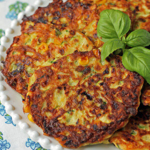 Zucchini Corn Fritter close up on a platter