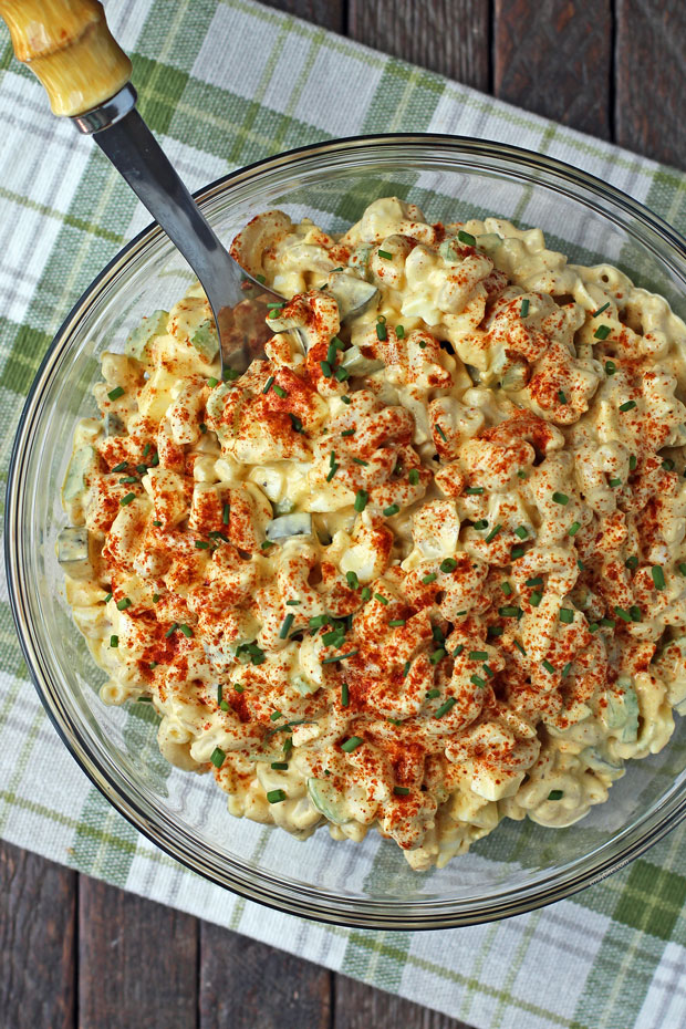 Deviled Egg Macaroni Salad overhead view