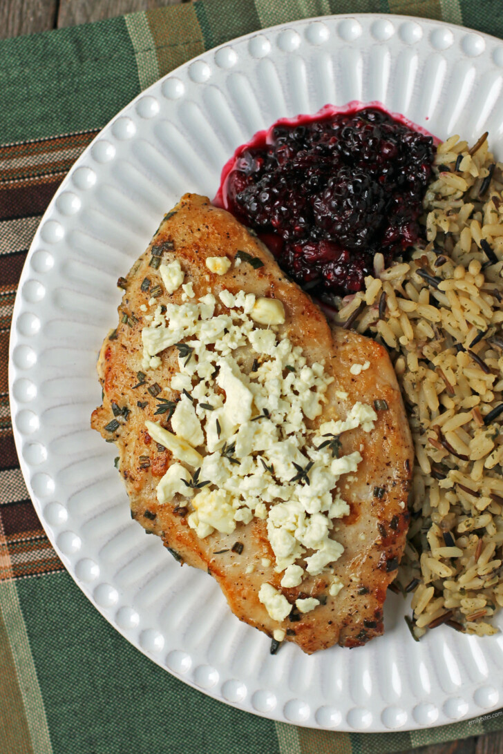 Feta and Blackberry Chicken Breasts plated overhead