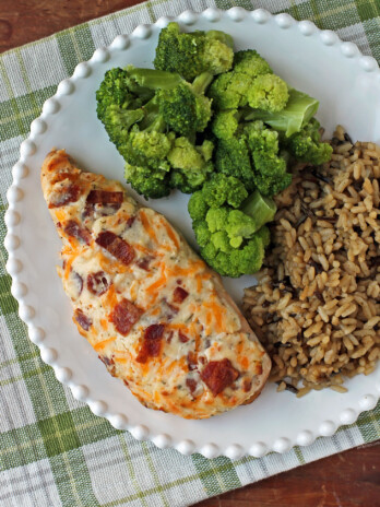 Cheesy Bacon Ranch Baked Chicken overhead with broccoli and rice