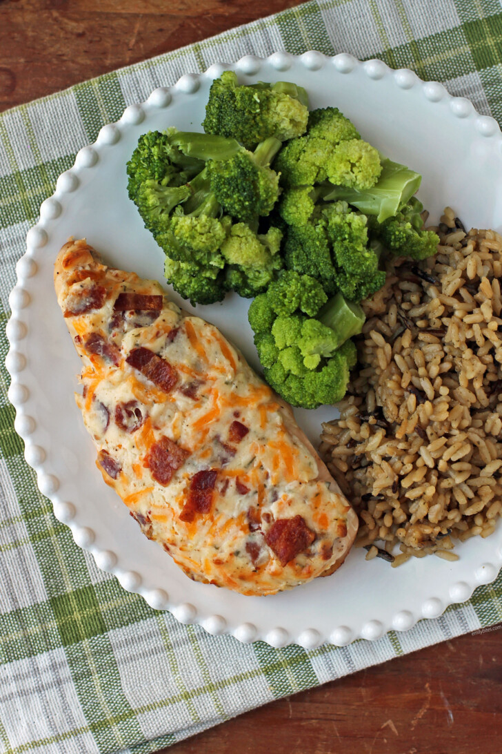 Cheesy Bacon Ranch Baked Chicken overhead with broccoli and rice