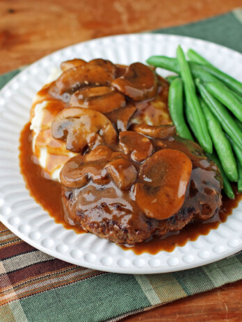Salisbury Steak with Mushroom Gravy, mashed potatoes, and green beans