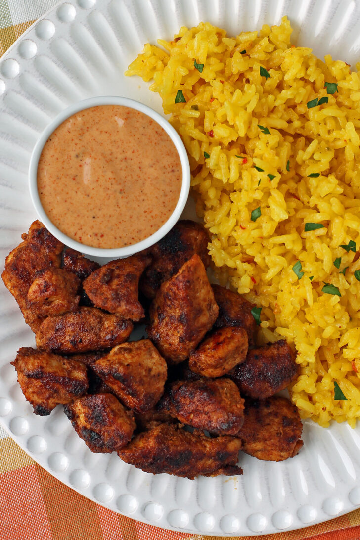 Mexi Chicken Bites overhead view with rice and salsa-ranch dressing