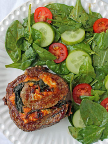 Stuffed Balsamic Flank Steak Pinwheel plated overhead