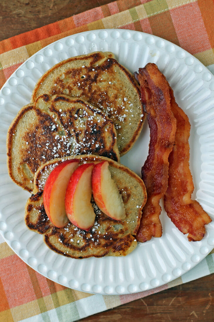 Peach Oatmeal Pancakes overhead shot on plate