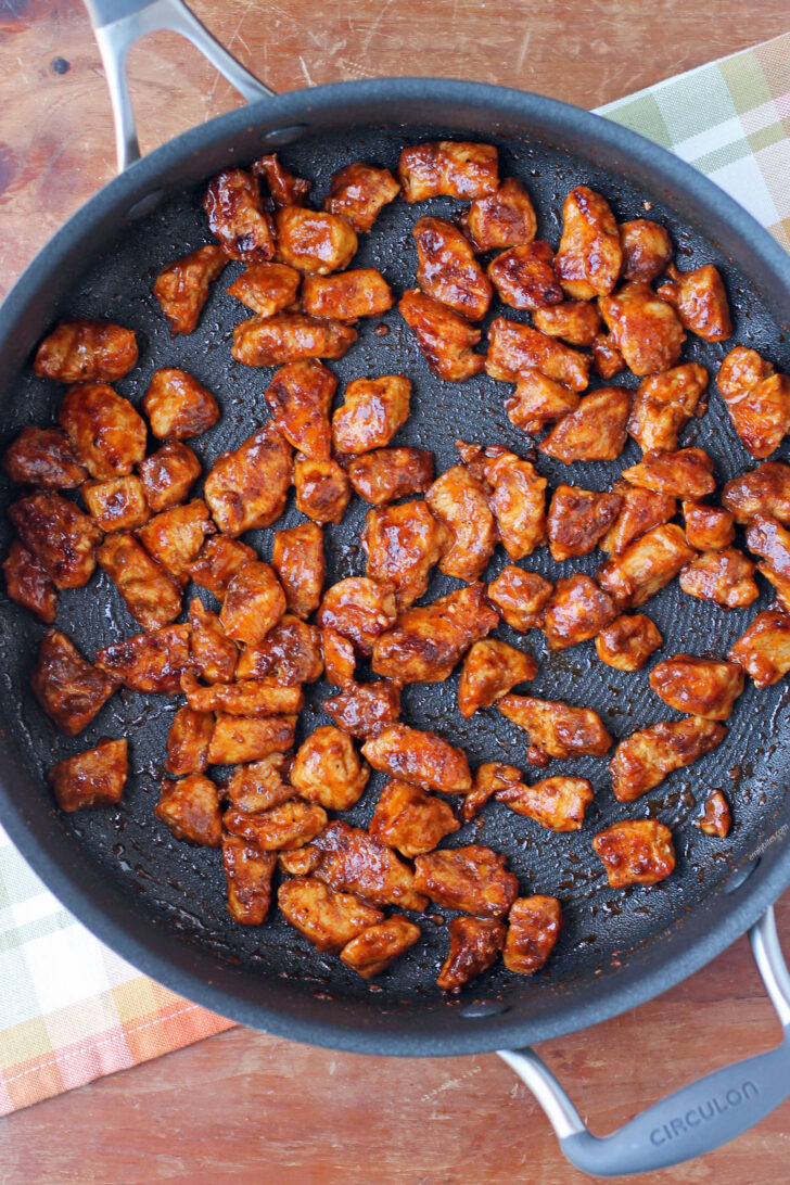 Saucy Barbecue Chicken Bites cooked in the pan