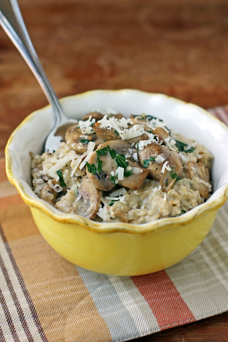 Savory Garlic Parmesan Oatmeal with Mushrooms in a bowl