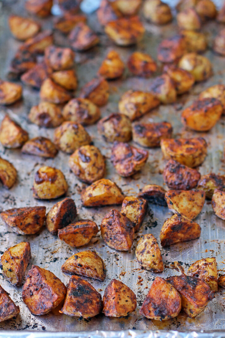 Buffalo Roasted Potatoes on a baking sheet