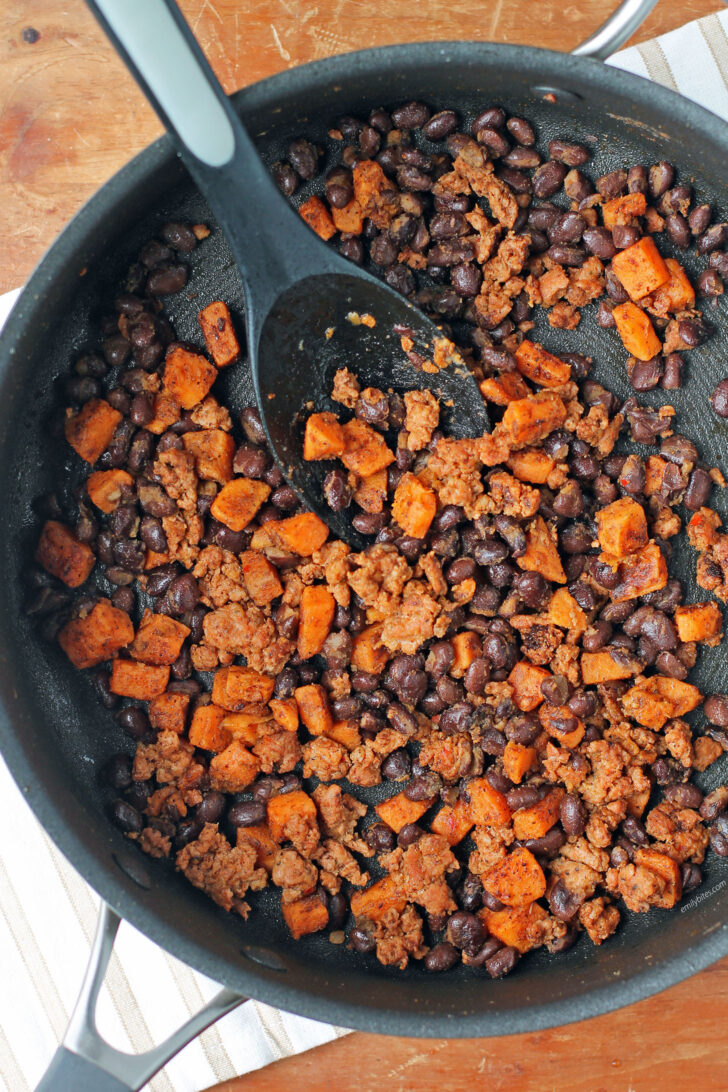 Chorizo Sweet Potato and Black Bean Tacos filling in a pan